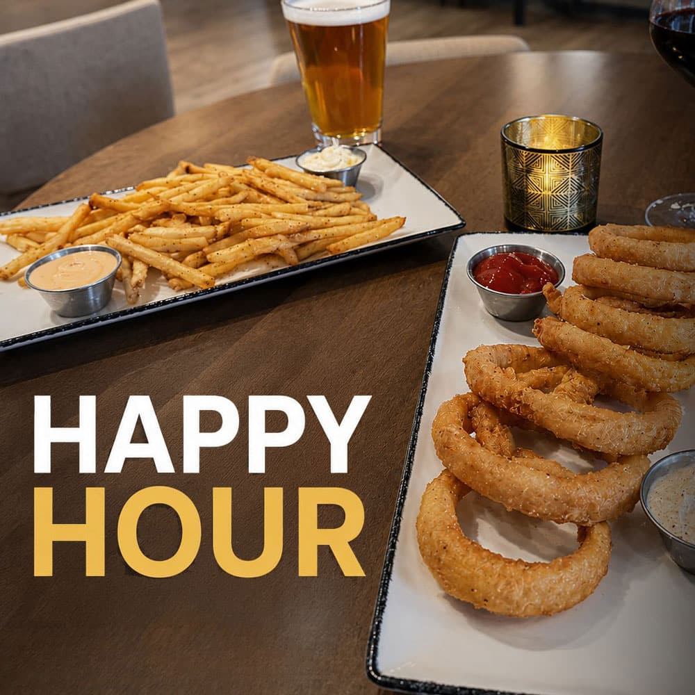 Happy Hour graphic with a plate full of Missi's fries and a plate of Missi's onion rings with a pint of beer in the background close to a candle on a table